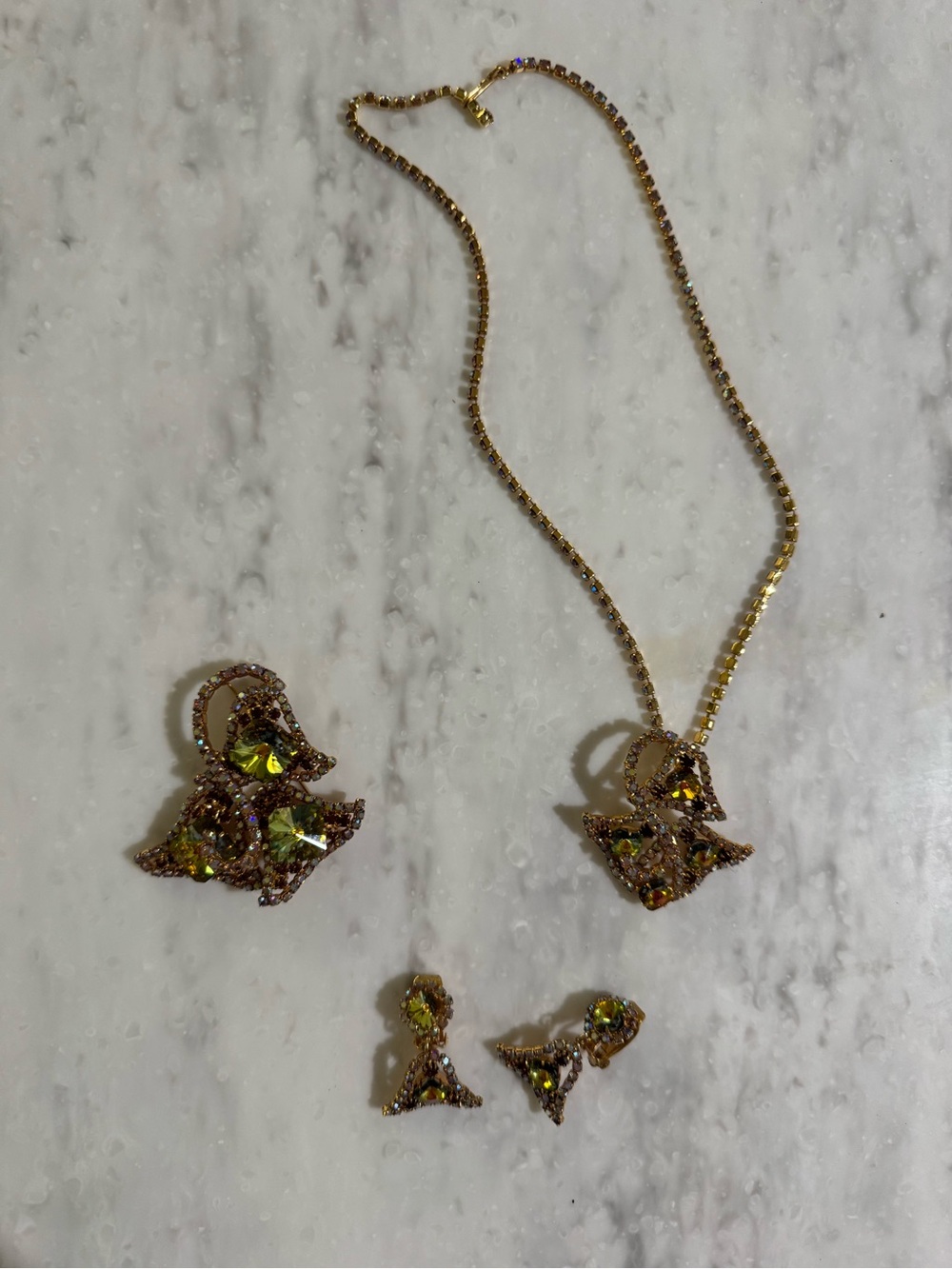 Vintage Antique-Vibe Gold Toned Bold Green Brooch, Earring, and Necklace Set